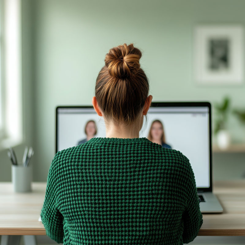 a woman facing a laptop