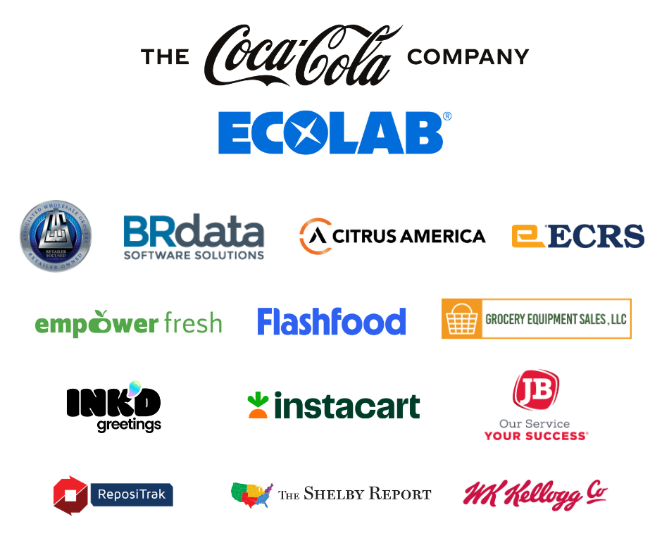 Sponsor logos including Coca Cola Company, ECOLAB, Associated Wholesaler Grocers, Citrus America, Flashfood, ECRS, Goodlight ai, Repositalk, The Shelby Report and WK Kellogg Co.