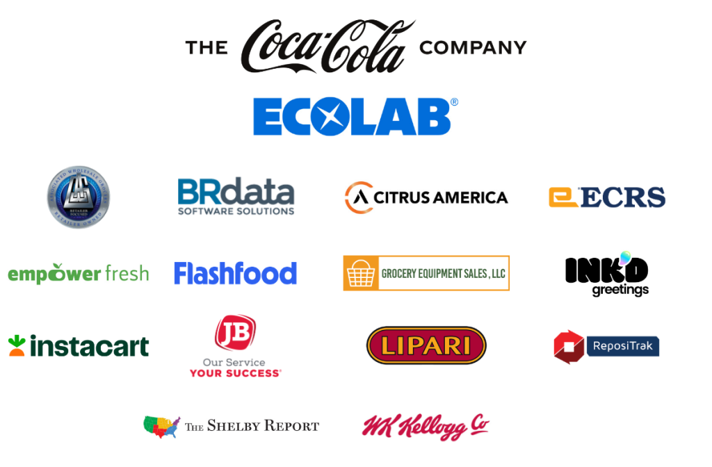 Sponsor logos including Coca Cola Company, ECOLAB, Associated Wholesaler Grocers, Citrus America, Flashfood, ECRS, Goodlight ai, Repositalk, The Shelby Report and WK Kellogg Co.