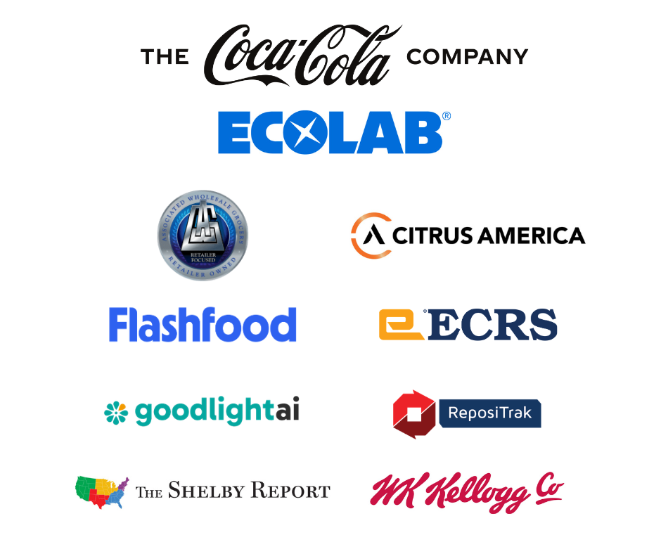 Sponsor logos including Coca Cola Company, ECOLAB, Associated Wholesaler Grocers, Citrus America, Flashfood, ECRS, Goodlight ai, Repositalk, The Shelby Report and WK Kellogg Co.